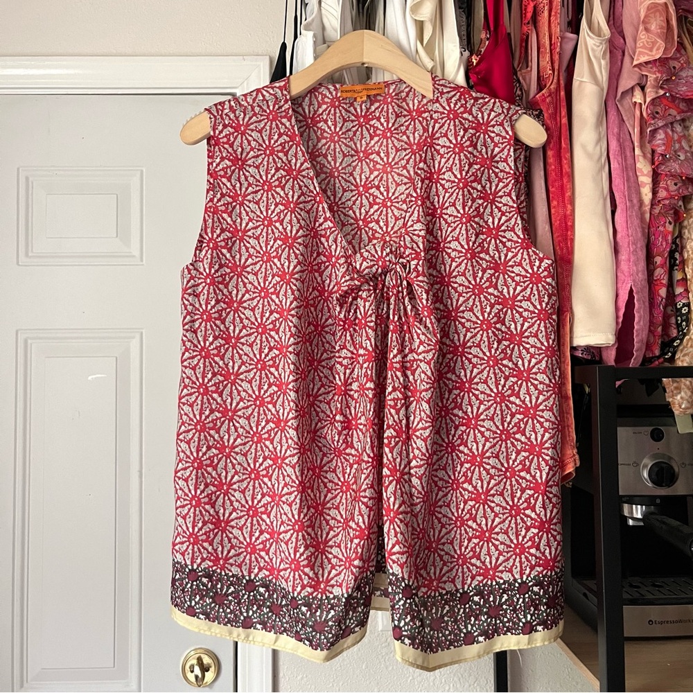 ROBERTA FREYMANN red grey floral silk border print twist sleeveless tank top‎